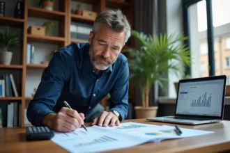 Investisseur immobilier analysant les chiffres de cash-flow d'un immeuble de rapport sur son bureau