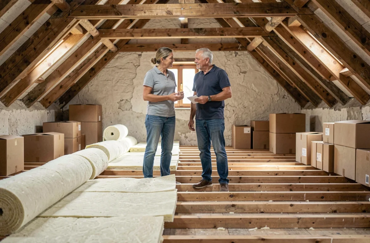 Couple inspectant l'isolation des combles pour préparer un audit DPE de leur maison