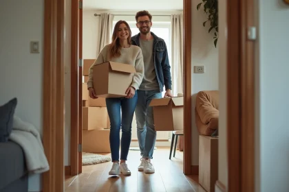 Jeune couple souriant portant cartons dans un appartement