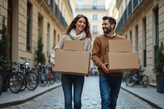 Jeune couple français avec cartons devant immeuble parisien