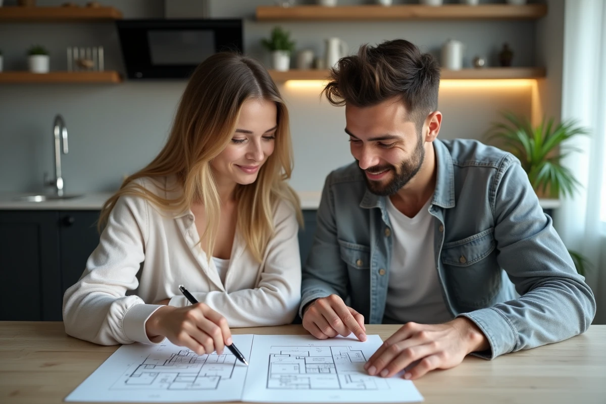 Jeune couple discutant de plans dans leur studio