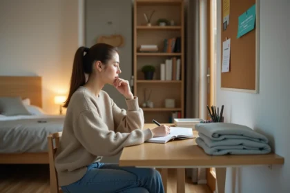 Jeune étudiante dans son studio en train de revoir ses papiers de location