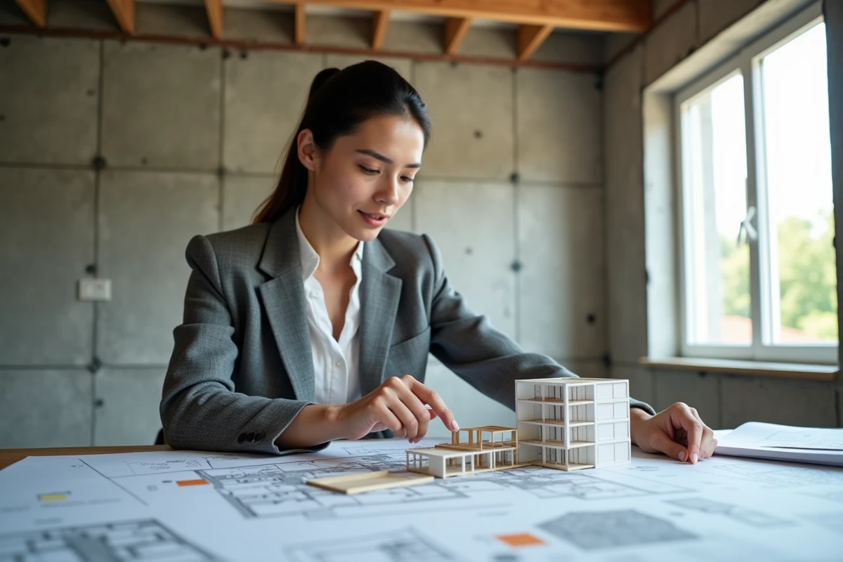 Jeune femme pointant un diagramme de construction dans un intérieur en construction