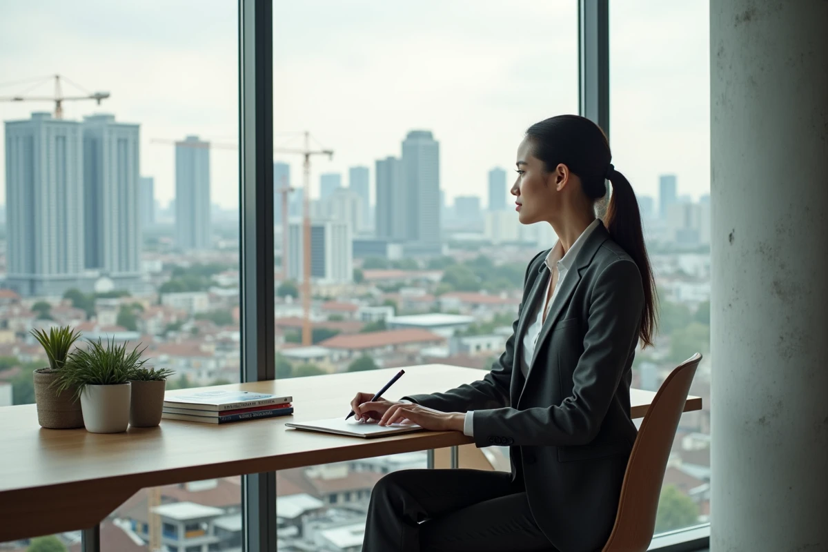Jeune femme au bureau avec vue sur la skyline de Mille