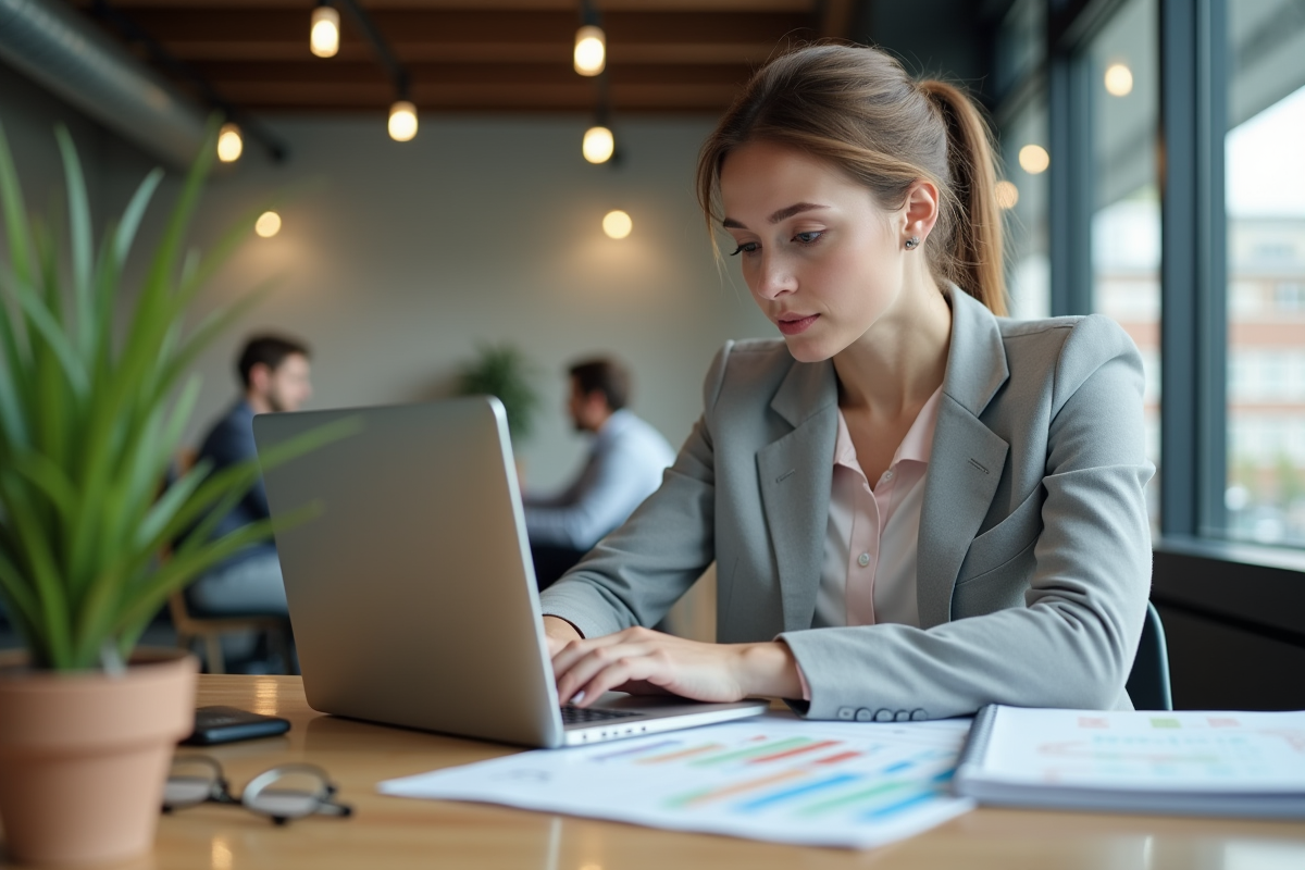 Jeune femme professionnelle travaille sur un tableur dans un espace coworking