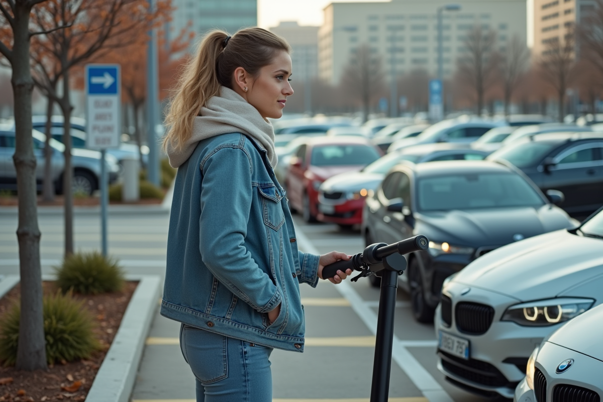 Jeune femme déverrouillant son scooter électrique dans un parking extérieur