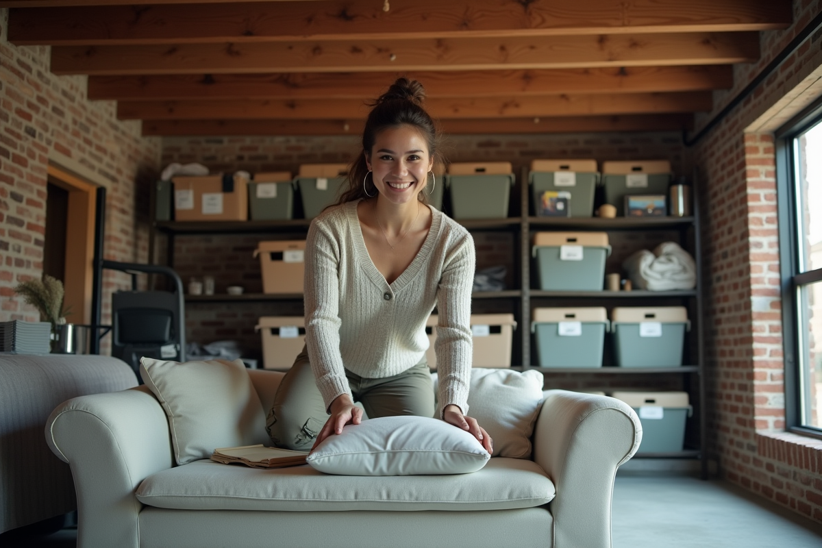 Femme plaçant des housses sur un petit canapé dans un garage organisé