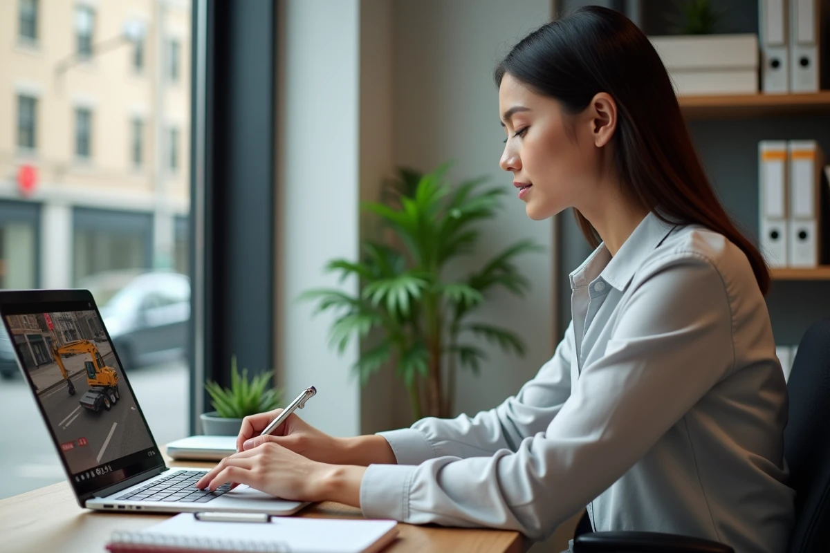 Jeune femme travaillant sur un ordinateur avec signalisation numérique