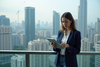 Jeune femme professionnelle regardant des données en ville