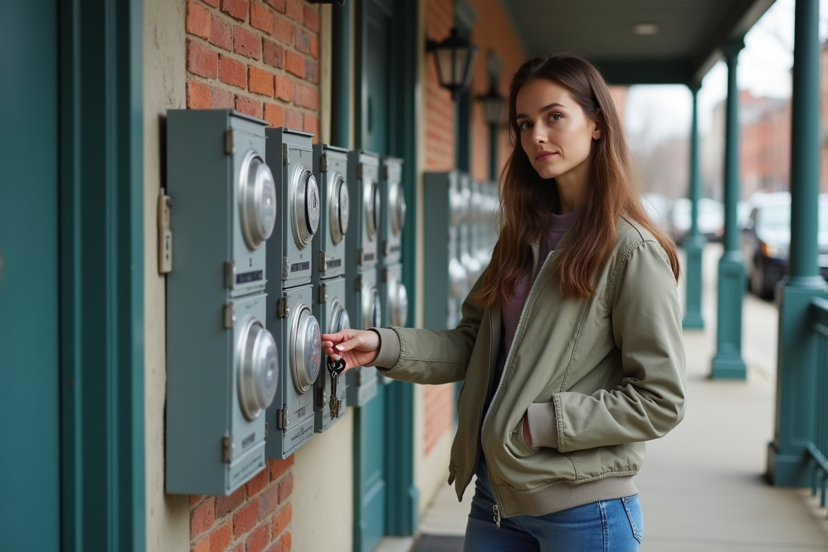 Jeune femme inspectant les compteurs dans un hall d