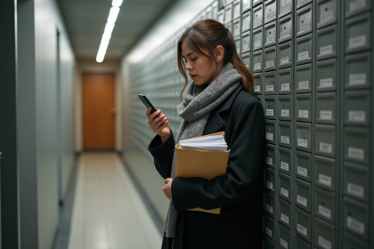 Jeune femme vérifiant son téléphone dans un hall d'immeuble