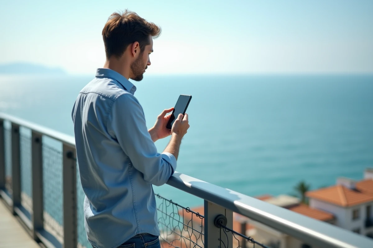 Jeune homme utilisant son smartphone sur le balcon avec vue sur la mer
