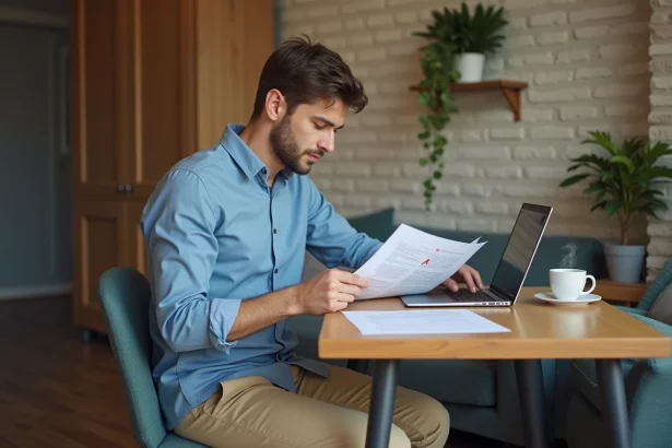 Jeune homme lisant son contrat de location dans un appartement parisien