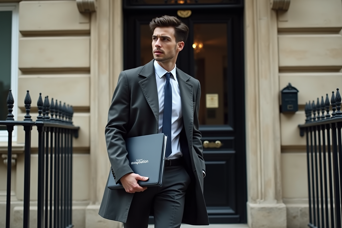 Jeune homme en costume devant une entrée parisienne