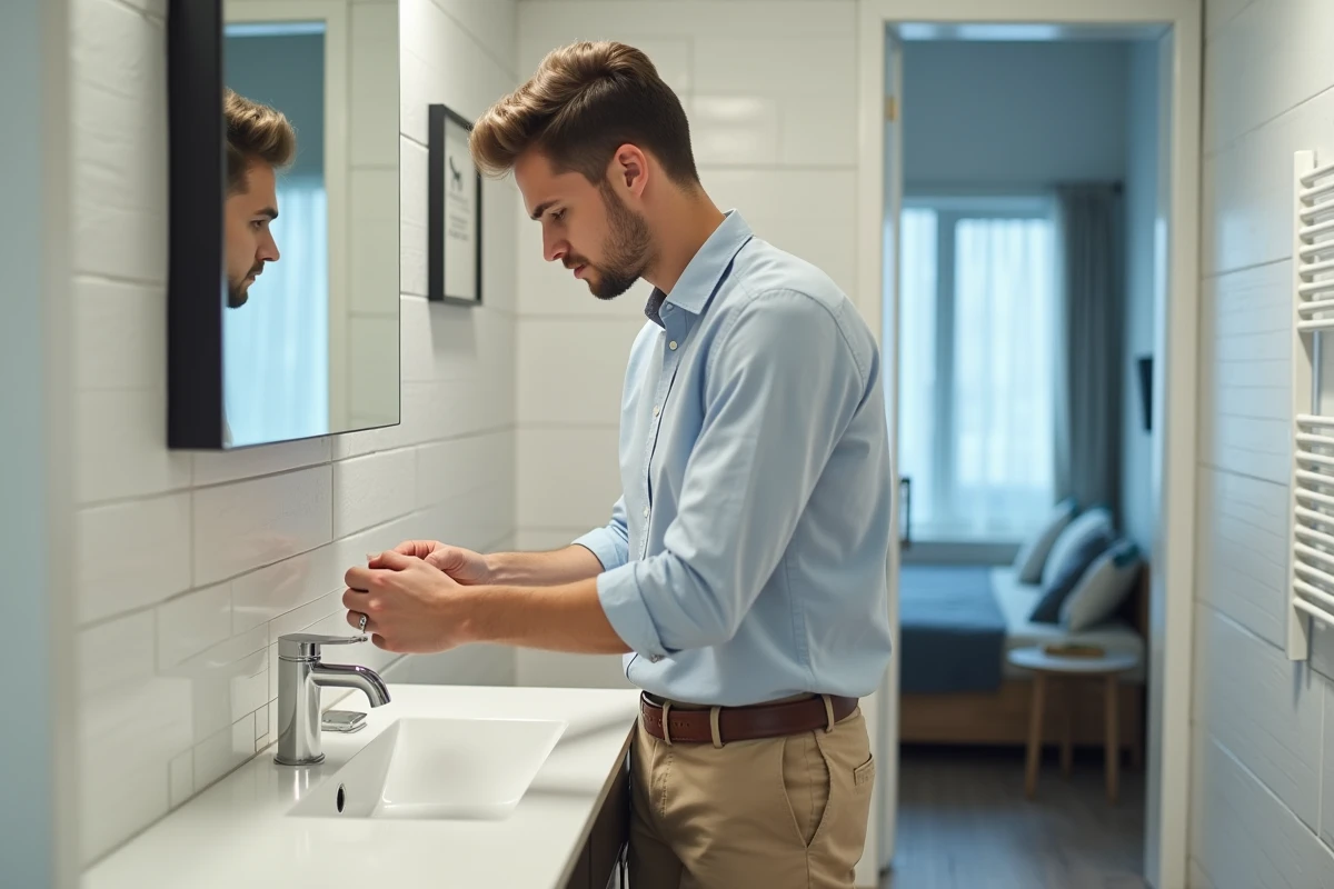 Jeune homme inspectant la salle de bain d un appartement