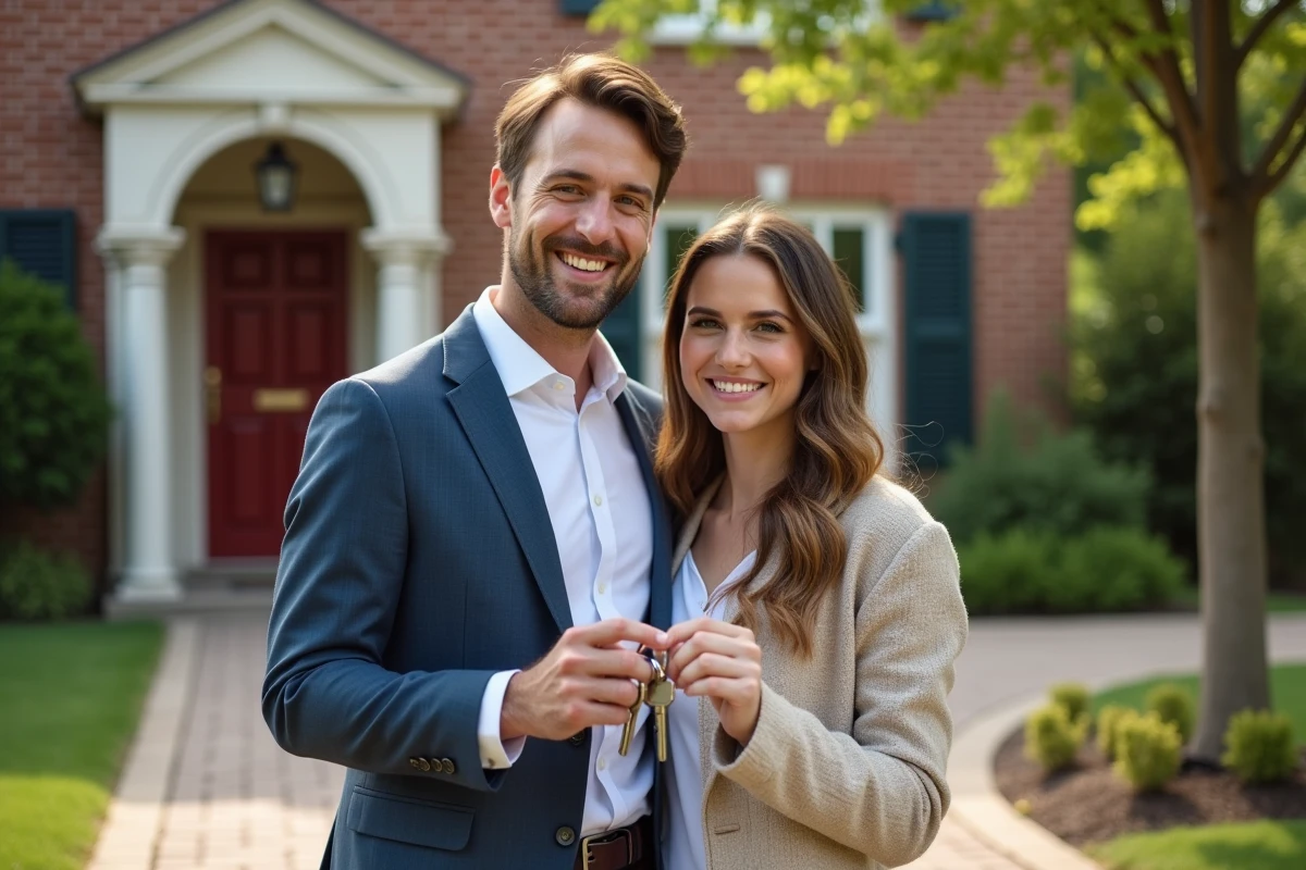 Jeune couple souriant devant une maison de banlieue