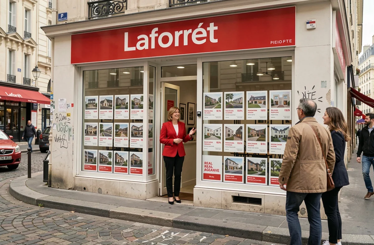 Agente Laforêt en blazer rouge accueillant un couple devant la devanture de l'agence sur une rue parisienne animée