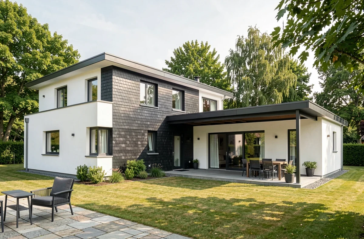 Maison haut de gamme construite par Les Maisons BRAND en Alsace avec extension toiture plate et terrasse couverte par pergola