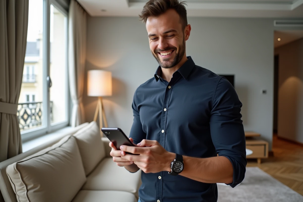 Locataire gérant son compte Foncia depuis l'application mobile MyFoncia dans son appartement