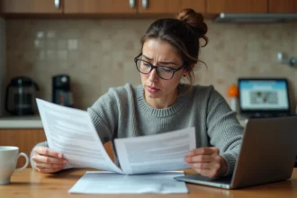 Locataire inquiète qui examine une lettre de hausse de loyer à son domicile en 2026