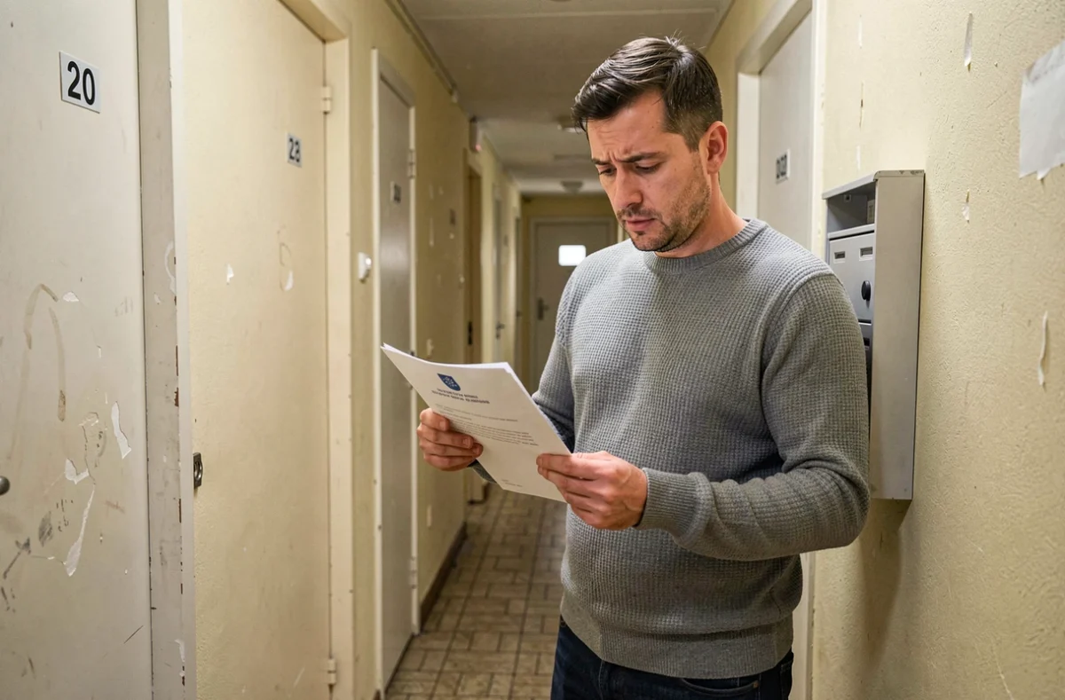 Homme lisant une lettre d'attribution de logement social dans le couloir d'une résidence HLM