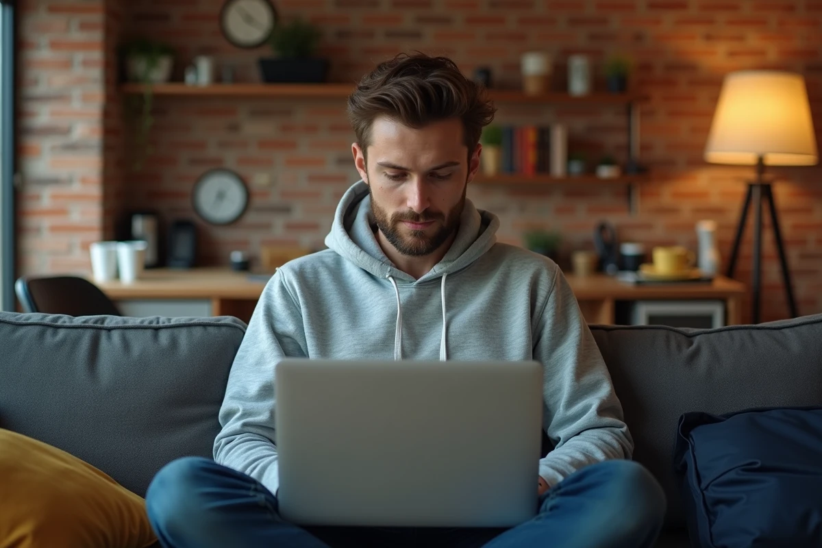 Jeune locataire vérifiant en ligne les conditions d'éligibilité à Garantme depuis son appartement