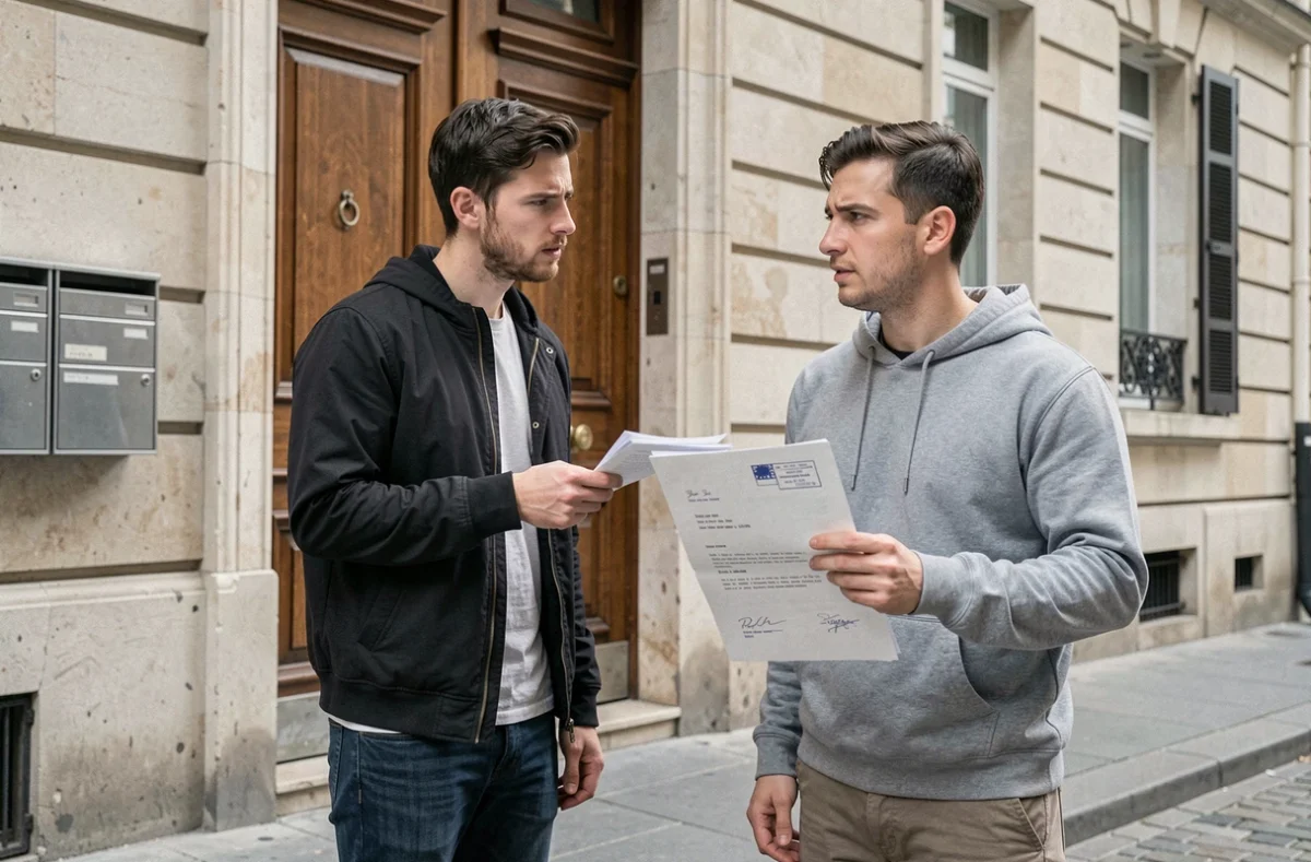 Couple de locataires recevant une lettre officielle de loyer impayé devant un immeuble parisien