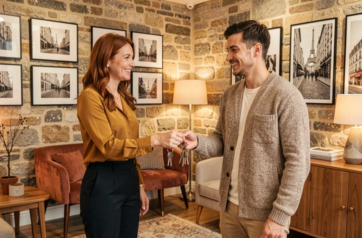 Agente de Lumière Paris Immobilier remettant des clés à un couple souriant dans un bureau chaleureux aux murs en pierre apparente