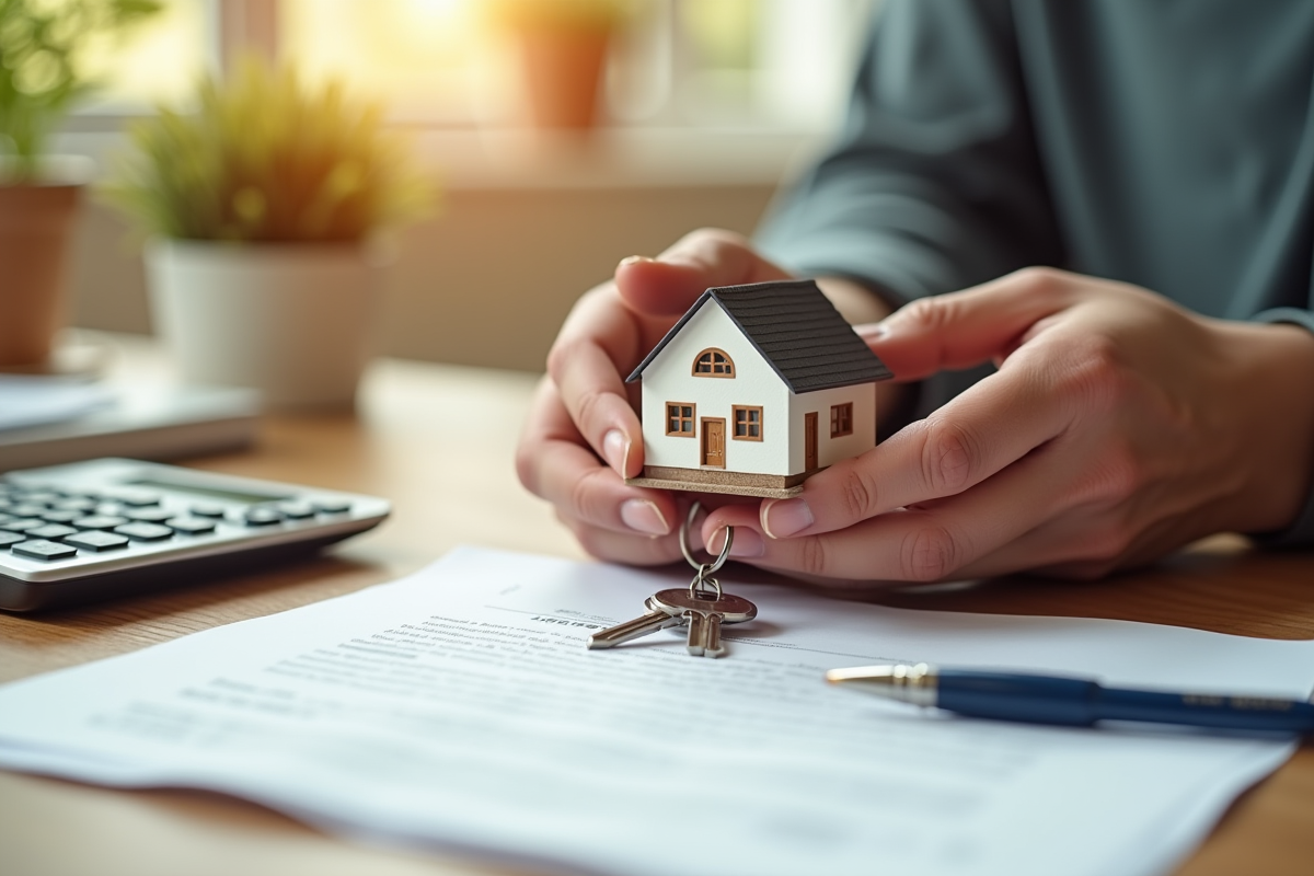 Mains tenant une maison miniature et un contrat de prêt immobilier