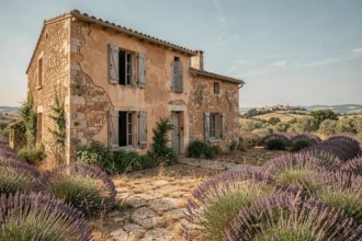 Maison abandonnée en pierre dans un village de Provence entourée de lavande et de garrigue, façade crépie délabrée avec volets en bois vermoulue