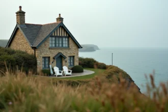 Maison normande en pierre avec vue sur la mer depuis une falaise, idéale pour la location saisonnière en bord de mer