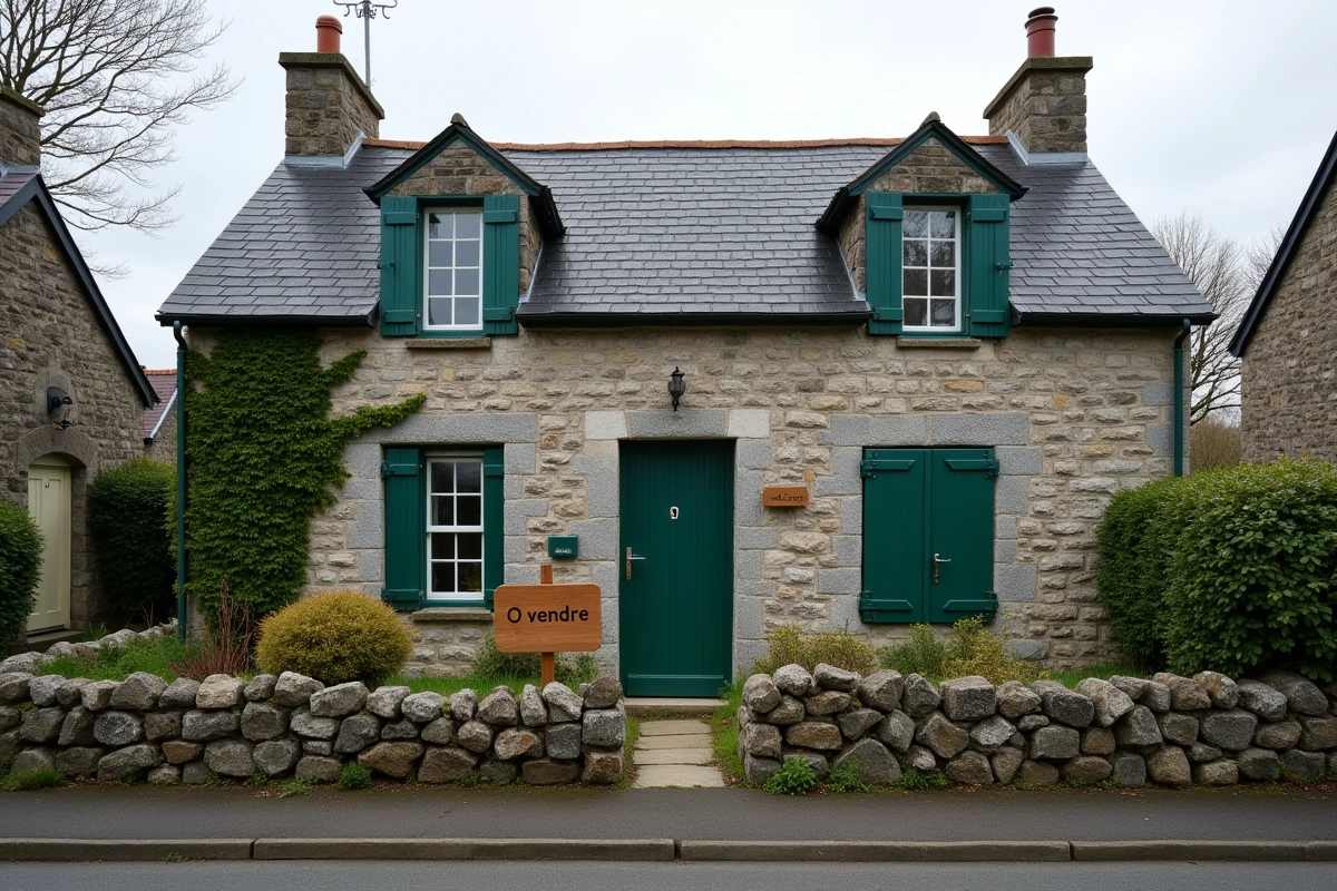Maison en pierre bretonne à vendre dans le village de Plélan-le-Grand avec panneau de vente immobilière