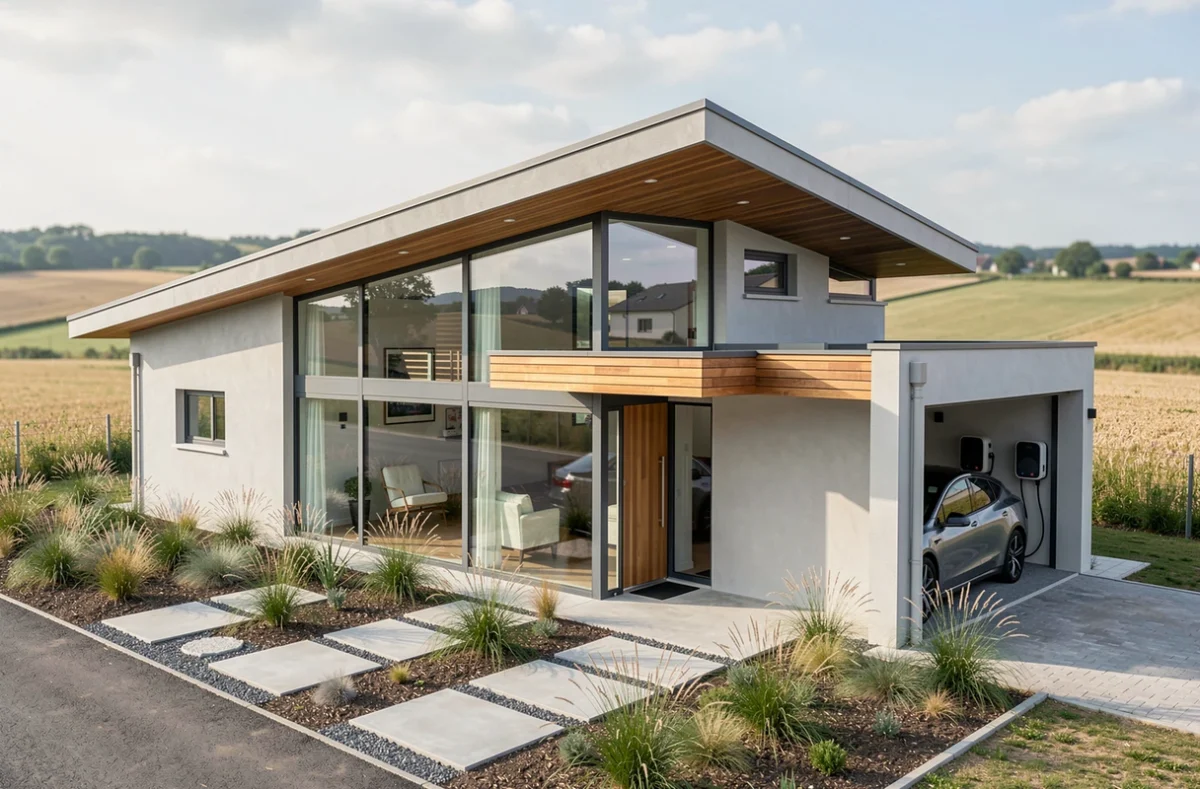 Maison contemporaine basse consommation construite par Maisons Arlogis dans la Loire avec grande façade vitrée