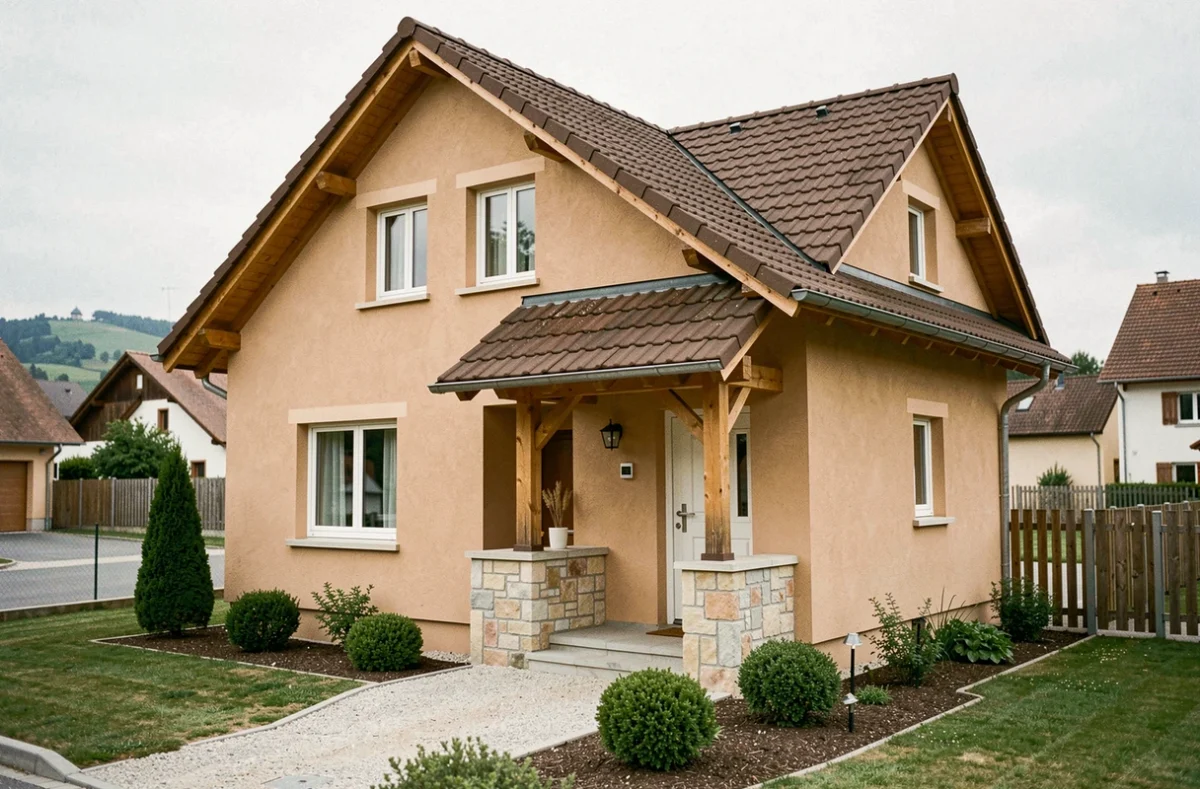 Maison Batilor en Alsace avec toiture traditionnelle en tuiles, façade enduite ton sable et porche en pierre naturelle