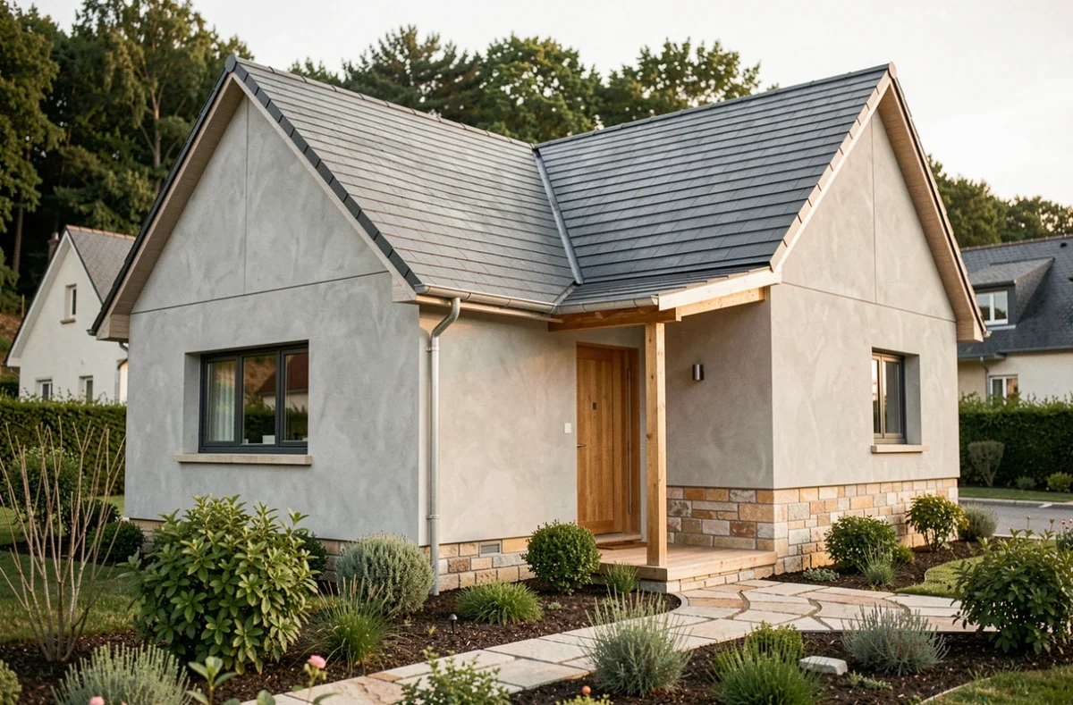Maison individuelle construite par Maisons CD dans la Loire avec bardage gris et entrée bois