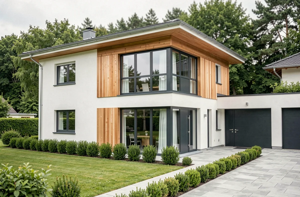 Maison France Confort de style contemporain avec façade biton et grandes baies vitrées dans une zone résidentielle du Haut-Rhin