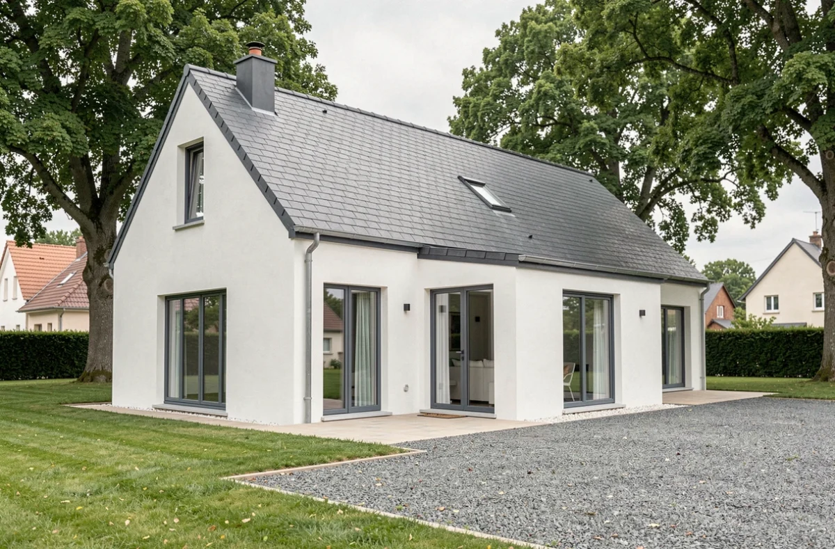 Maison individuelle construite par Maisons Idéales dans la Loire, façade blanche et toiture ardoise dans un quartier résidentiel