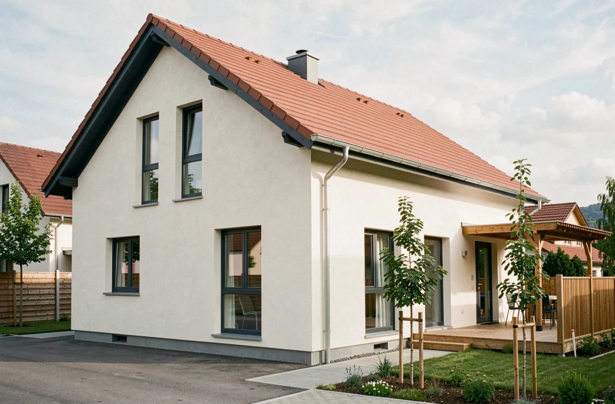 Maison individuelle construite par Maisons Stéphane Berger en Alsace avec façade enduite claire et menuiseries anthracite