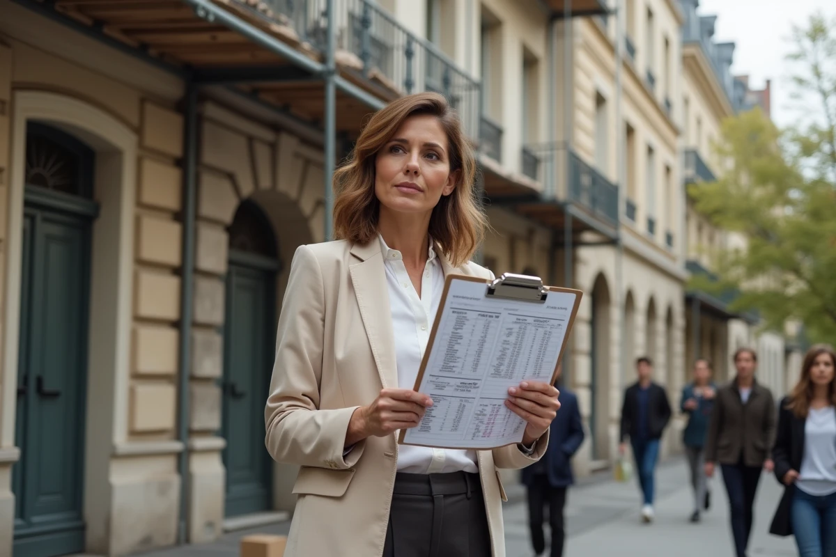 Professionnelle de l'immobilier avec documents TVA devant un immeuble en rénovation à Paris