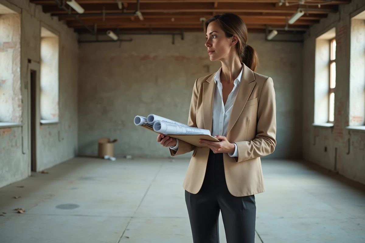 Marchande de bien inspectant un bien immobilier en cours de rénovation avec documents fiscaux
