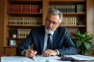 Marchand de biens analysant des documents fiscaux et contrats d'achat immobilier dans un bureau de notaire