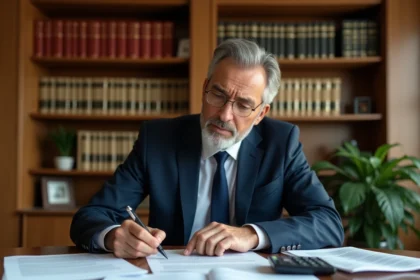 Marchand de biens analysant des documents fiscaux et contrats d'achat immobilier dans un bureau de notaire