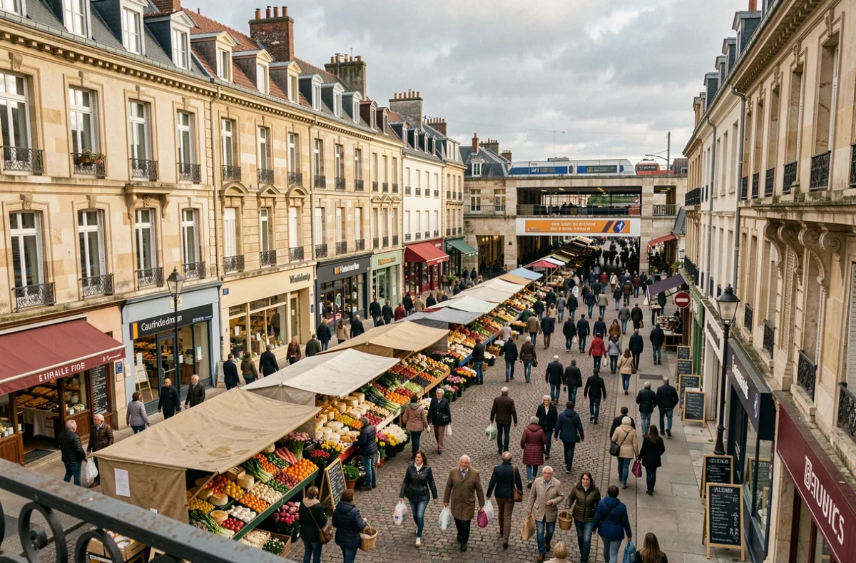 Marché en plein air animé dans une ville de banlieue parisienne avec loyers abordables et bonne qualité de vie en Île-de-France