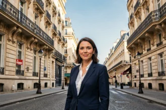 Agent immobilier parisienne sur un boulevard haussmannien avec des façades en pierre et des balcons en fer forgé