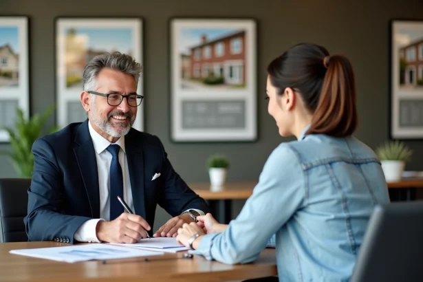 Homme d'affaires et jeune femme discutant de documents immobiliers
