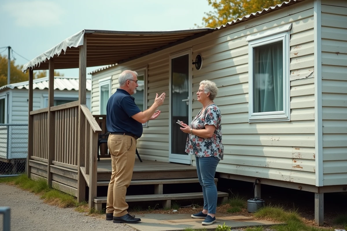 Négociation entre acheteur et vendeur devant un mobil-home vétuste dans un parc résidentiel de loisirs