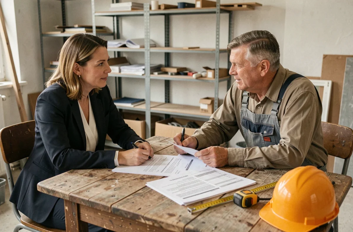 Propriétaire et locataire discutant de la répartition des coûts de travaux lors d'un bail commercial