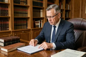 Notaire examinant un contrat de vente immobilière lié à la garantie d'éviction dans son bureau