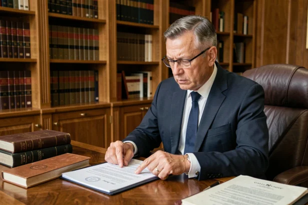 Notaire examinant un contrat de vente immobilière lié à la garantie d'éviction dans son bureau