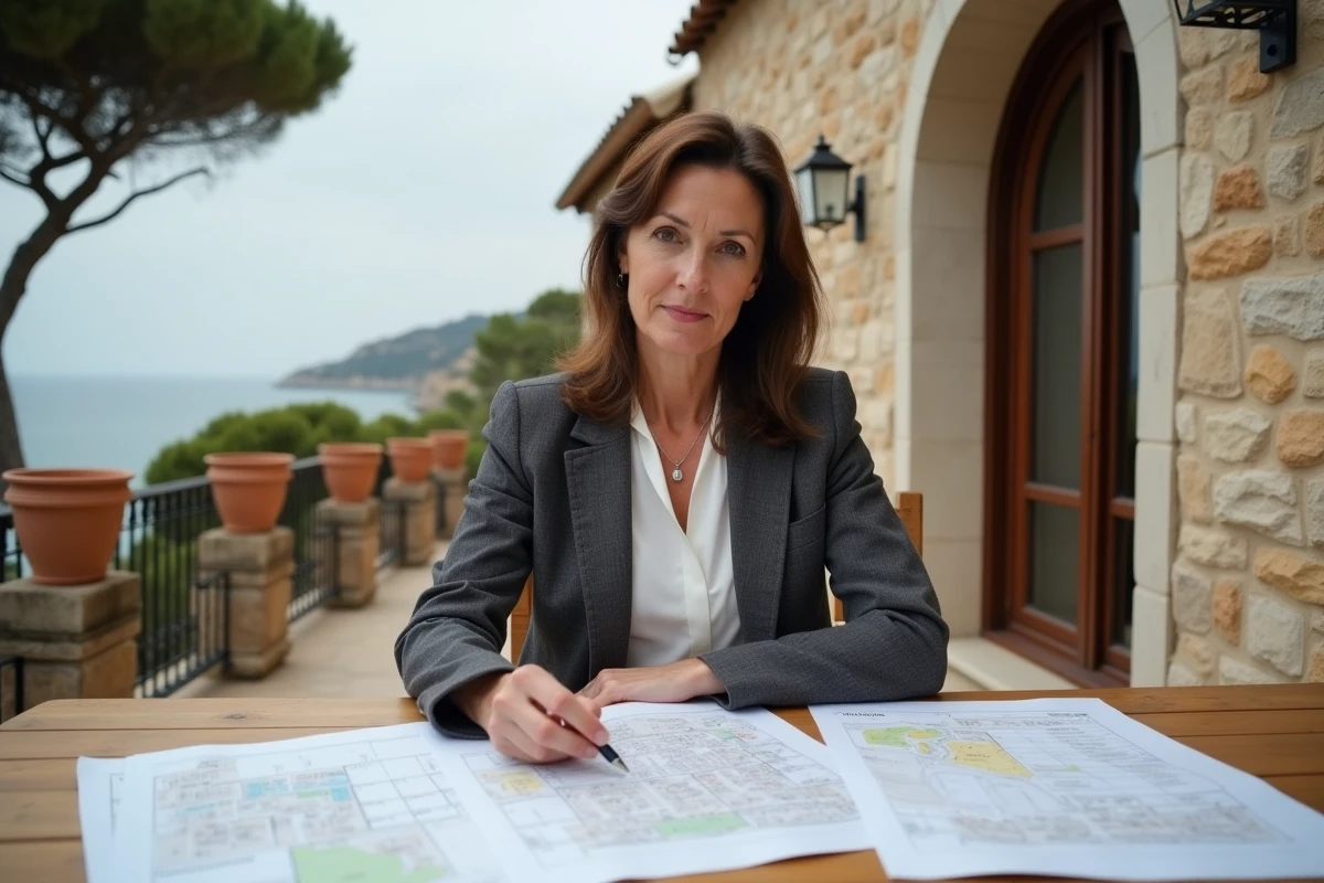 Notaire examinant des documents cadastraux et cartes de zonage littoral sur une terrasse en bord de mer